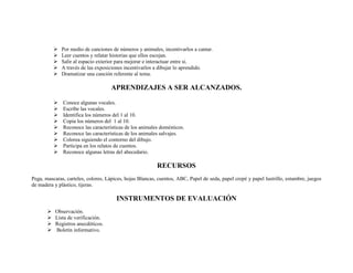 Por medio de canciones de números y animales, incentivarlos a cantar.
 Leer cuentos y relatar historias que ellos escojan.
 Salir al espacio exterior para mejorar e interactuar entre si.
 A través de las exposiciones incentivarlos a dibujar lo aprendido.
 Dramatizar una canción referente al tema.
APRENDIZAJES A SER ALCANZADOS.
 Conoce algunas vocales.
 Escribe las vocales.
 Identifica los números del 1 al 10.
 Copia los números del 1 al 10.
 Reconoce las características de los animales domésticos.
 Reconoce las características de los animales salvajes.
 Colorea siguiendo el contorno del dibujo.
 Participa en los relatos de cuentos.
 Reconoce algunas letras del abecedario.
RECURSOS
Pega, mascaras, carteles, colores, Lápices, hojas Blancas, cuentos, ABC, Papel de seda, papel crepé y papel lustrillo, estambre, juegos
de madera y plástico, tijeras.
INSTRUMENTOS DE EVALUACIÓN
 Observación.
 Lista de verificación.
 Registros anecdóticos.
 Boletín informativo.
 