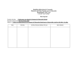 República Bolivariana de Venezuela
Ministerio del Poder Popular para la Educación
Barquisimeto- Edo. Lara
C.E.E.B “Las Veritas”
Plan Especial
Nombre del plan: Celebremos con alegría la Semana de Educación Inicial
Periodo de Ejecución: Del 22 al 26 de abril
Objetivo : Valorar la Importancia de la Semana de Educación Inicial para el desarrollo creativos del niño y la niña.
DIA FECHA ESTRATEGIAS DIDACTICAS RECURSOS
 