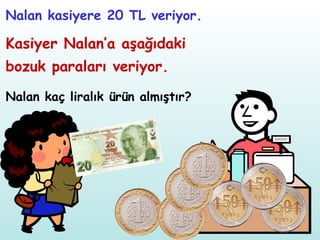 Nalan kaç liralık ürün almıştır? Nalan kasiyere 20 TL veriyor. Kasiyer Nalan’a aşağıdaki bozuk paraları veriyor. 