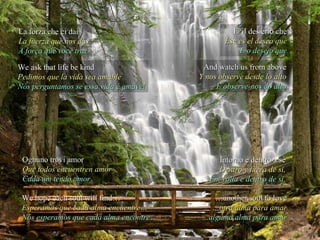 La forza che ci dai                               E' il desierio che
La fuerza que nos das                           Ése es el deseo que
A força que você traz                               E o desejo que

We ask that life be kind                  And watch us from above
Pedimos que la vida sea amable           Y nos observe desde lo alto
Nós perguntamos se essa vida é amável         E observe-nos do alto




 Ognuno trovi amor                            Intorno e dentro a sé
 Que todos encuentren amor                    Dentro y fuera de si,
 Cada um tendo amor                         Em volta e dentro de si,

 We hope each soul will find…               …another soul to love
 Esperamos que cada alma encuentre…        …otra alma para amar
 Nós esperamos que cada alma encontre…   …alguma alma para amar
 