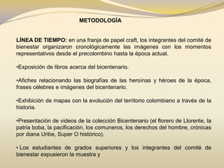 METODOLOGÍALÍNEA DE TIEMPO: en una franja de papel craft, los integrantes del comité de bienestar organizaron cronológicamente las imágenes con los momentos representativos desde el precolombino hasta la época actual.Exposición de libros acerca del bicentenario.