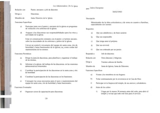 Los Administradores De La Iglesia
                                                                                                para Líderes Emergentes
    Relación con:          Pastor, ancianos y jefe de diáconos.
                                                                                                                                       DIÁCONO
    Dirige a:              Diaconisas.

    Miembro de:            Junta Directiva de la Iglesia.                                       Descripción:

    Funciones Específicas:                                                                             Ministrador de la obra eclesiástica y de zona en cuanto a familias,
                                                                                                       especialmente con varones.
           a)       Participar junto con el pastor y ancianos de la iglesia en programas
                    de visitación a los enfermos de la iglesia.                                 Requisitos:

           d)       Asignar a las diaconisas sus responsabilidades para los ritos y                    a)       Que sea caballeroso y de buen carácter.
                    actividades de la iglesia.
                                                                                                       b)       Que sea responsable.
                    Estar en comunicación constante con el pastor y el primer anciano,
                    sobre las necesidades de los enfermos y pobres de la iglesia.                      c)       Que tenga amor al prójimo.
1
                    Llevar un control o inventario del equipo de santa cena, rito de                   d)       Que sea servicial.
                    humildad y batas bautismales de la iglesia, as¡ como cuidar del
                    mantenimiento de los mismos.                                                       e)       Que sea ordenado por un pastor.

    Funciones Periódicas:                                                                       Responde a:           Jefe de diáconos.

          a)      Dirigir la junta de diaconisas, para planificar y organüzar el trabajo        Relación con:         Otros diáconos y feligresía.
                  de las mismas,
                                                                                                Dirige a:             Varones cabezas de familia.
          b)      Informar a la iglesia, del trabajo de las diaconisas, en las reuniones
                  administrativas trimestrales.                                                 Miembro de:           Junta de Iglesia, Junta de Diáconos.

          c)      Coordinar la participación de las diaconisas en la santa cena y rito          Funciones Específicas:
                  de humildad.
                                                                                                      a)        Visitar a los miembros en sus hogares.
          d)      Coordinar la participación de las diaconisas en los bautismos.
                                                                                                      b)        Velar continuamente por la reverencia en la Casa de Dios.
          e)      Conseguir las cosas necesarias para el aseo y mantenimiento del
                  equipo de santa cena, rito de humildad y batas bautismales.                         c)        Participar en la limpieza del templo, de sus anexos y alrededores.

    Funciones Eventuales:                                                                             d)       Antes de los cultos:

          a)      Organizar cursos de capacitación para diaconisas.                                             1)    Llegar por lo menos 30 minutos antes del culto, para abrir el
                                                                                                                      templo y revisar que todo esté listo para el servicio.

                                              126
 