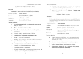 El Departamento De Escuela Sabática         Para Líderes Emergentes

                  MAESTROS DE LA ESCUELA SABÁTICA                                                       1)     Estimular a cada miembro de la Escuela Sabática para que participe
                                                                                                               activamente en la clase y en la obra misionera.
Descripción:                                                                                            m)     Aprovechar de la mejor manera los materiales y equipos de la
                                                                                                               Escuela Sabática.
       Coordinador de las actividades de la unidad que le ha sido asignada.

Requisitos específicos:      Ver los anteriores.
                                                                                                                         EL DIRECTOR DE MÚSICA
Responde a:                  Director de la división de adultos.
                                                                                              Descripción:
Relación con:                 Altimnos de su unidad.
                                                                                                    El director de música es el encargado del ministerio musical de la Escuela
Miembro de:                   Concilio de Escuela Sabática.                                         Sabática, incluyendo el servicio de canto previo a la reunión semanal, ya sea
                                                                                                    instrumental o vocal.
Funciones Específicas:
                                                                                             Requisitos específicos:        Ver los anteriores.
       a)       Dar la bienvenida a las visitas y a los miembros que asisten a su clase
                de Escuela Sabática.                                                         Responde a:                    Director de la Escuela Sabática y directiva de la misma.

       b)       Pasar la lista usando la tarjeta de la clase.                                Dirige a:                      Pianistas, organistas y directores de canto.

       c)       Anotar los miembros presentes, visitas y los miembros que llevan el          Relación con.                  Directores de la división de adultos, pianistas organistas
                estudio diario.                                                                                             y directores de canto

                Promover, recoger y registrar la ofrenda de su clase.                        Miembro de:                   Concilio de Escuela Sabática.
       d)

        e)      Tomar registro de las actividades misioneras de su clase.                    Funciones específicas:

        f)      Enseñar la lección de Escuela Sabática.                                            a)        Trabajar en estrecha colaboración con el director para elegir los
                                                                                                             cantos que entonará la congregación, y los números especiales más
        g)      Estudiar y aplicar los mejores métodos de enseñanza para un mejor                            apropiados para el tema.
                aprovechamiento de su clase.
                                                                                                   b)        Cerciorarse de antemano de que la parte musical sea apropiada.
        h)      Visitar a los miembros de su clase y animar a los inactivos.
                                                                                                   c)        Tratar de impartir vitalidad y frescura al servicio de canto.
        i)      Participar en el evangelismo de la Escuela Sabática.
                                                                                                   d)        Proporcionar de antemano una lista de los himnos que se cantarán
        j)      Asistir a las reuniones de los maestros.                                                     durante el servicio a la persona que acompaña.

                Cooperar en el desarrollo y mantenimiento que favorezcan                la
        k)
                adoración y el aprendizaje de los miembros de su clase.

                                            142                                                                                        143
 