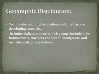 Cysts and trophozoites are passed in feces .  ingestion of mature cysts in fecally contaminated food, water, or hands. Excystation occurs in the small intestine  and trophozoites are released, which migrate to the large intestine.  The trophozoites multiply by binary fission and produce cysts , and both stages are passed in the feces .  protection by their walls, the cysts can survive days to weeks in the external environmentPathogenecity