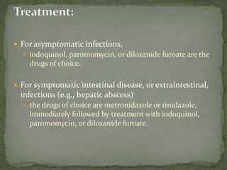 Cyst: mature cyst w/ 4 nuclei with large,		 blot-like karyosomes; no have			 chromatoid bodies