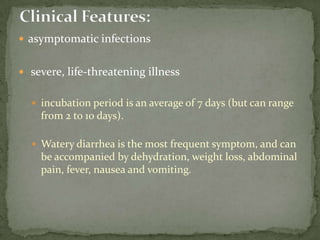 The spectrum varies from asymptomatic carriage to severe diarrhea and malabsorption  Acute giardiasis develops after an incubation period of 1 to 14 days (average of 7 days) and usually lasts 1 to 3 weeksSymptoms include diarrhea, abdominal pain, bloating, nausea, and vomiting.  In chronic giardiasis the symptoms are recurrent and malabsorption and debilitation may occur.Clinical Features: