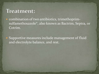 Treatment:Rapid loss of fluids -- fluid and electrolyte replacement.  healthy, immunocompetent persons (self-limited)-- Nitazoxanide  Immunocompromisedand high risk pt.-- nitazoxanide is unclear.  For persons with AIDS, anti-retroviral therapyis encourage