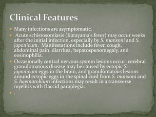 Clinical Features<br />Frequently asymptomatic.  Gastrointestinal symptoms include abdominal pain and diarrhea.  <br />Pul...
