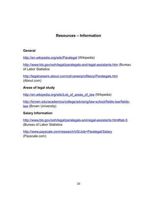 Resources – Information
General
http://en.wikipedia.org/wiki/Paralegal (Wikipedia)
http://www.bls.gov/ooh/legal/paralegals-and-legal-assistants.htm (Bureau
of Labor Statistics
http://legalcareers.about.com/od/careerprofiles/p/Paralegals.htm
(About.com)
Areas of legal study
http://en.wikipedia.org/wiki/List_of_areas_of_law (Wikpedia)
http://brown.edu/academics/college/advising/law-school/fields-law/fields-
law (Brown University)
Salary Information
http://www.bls.gov/ooh/legal/paralegals-and-legal-assistants.htm#tab-5
(Bureau of Labor Statistics
http://www.payscale.com/research/US/Job=Paralegal/Salary
(Payscale.com)
20
 