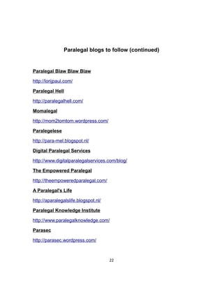 Paralegal blogs to follow (continued)
Paralegal Blaw Blaw Blaw
http://lorijpaul.com/
Paralegal Hell
http://paralegalhell.com/
Momalegal
http://mom2tomtom.wordpress.com/
Paralegelese
http://para-mel.blogspot.nl/
Digital Paralegal Services
http://www.digitalparalegalservices.com/blog/
The Empowered Paralegal
http://theempoweredparalegal.com/
A Paralegal's Life
http://aparalegalslife.blogspot.nl/
Paralegal Knowledge Institute
http://www.paralegalknowledge.com/
Parasec
http://parasec.wordpress.com/
22
 