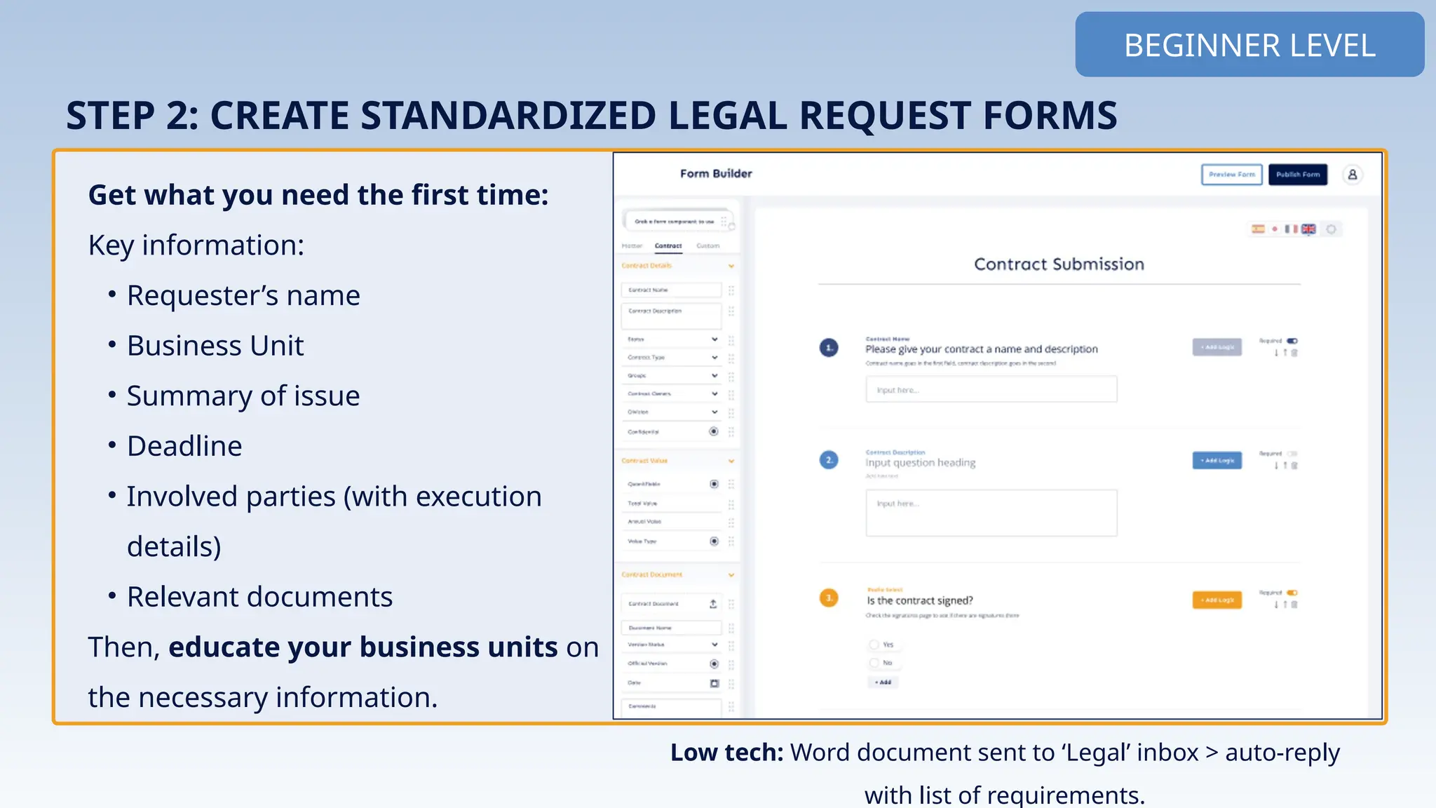 Get what you need the first time:
Key information:
• Requester’s name
• Business Unit
• Summary of issue
• Deadline
• Involved parties (with execution
details)
• Relevant documents
Then, educate your business units on
the necessary information.
BEGINNER LEVEL
STEP 2: CREATE STANDARDIZED LEGAL REQUEST FORMS
Low tech: Word document sent to ‘Legal’ inbox > auto-reply
with list of requirements.
 