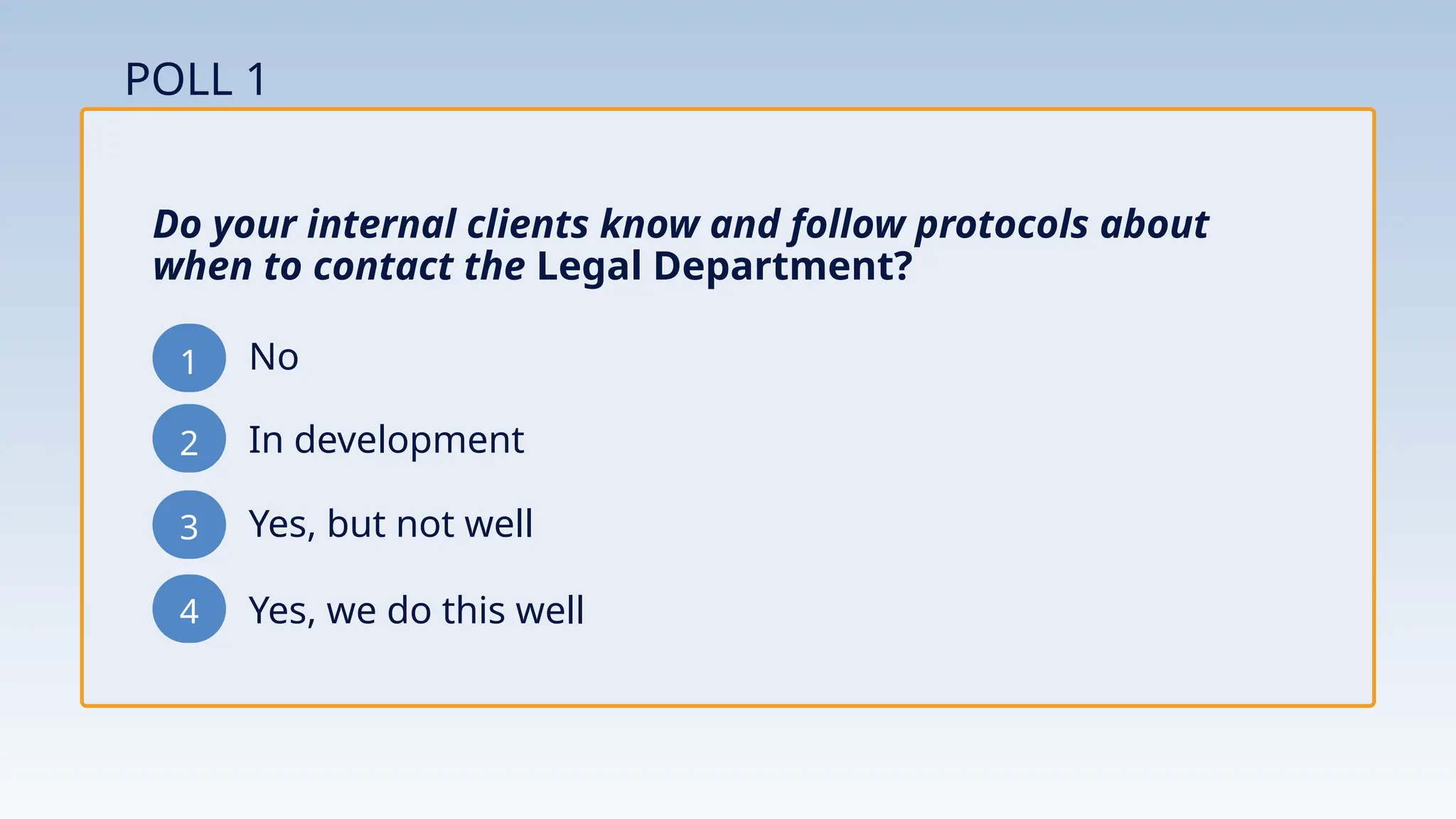 POLL 1
1
2
3
Do your internal clients know and follow protocols about
when to contact the Legal Department?
In development
Yes, but not well
No
4 Yes, we do this well
 