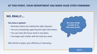 AT THIS POINT, YOUR DEPARTMENT HAS MADE HUGE STEPS FORWARD!
NO, REALLY....
NEXT....
You have a system:
• Business clients are making the right requests.
• You are consistently capturing the right information.
• You can track all of your work in one place.
• You begin each matter with the intel you need
With all this in place, your efficiency is improving.
Are you ready
to take it to
the next level?
 