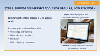 STEP 8: PROVIDE SELF-SERVICE TOOLS FOR REGULAR, LOW RISK WORK
Sometimes the intake process is … no process
at all!
Empower your business clients with:
• Knowledge and training
• Playbooks and checklists
• Templates
• Self-configuring documents
ADVANCED LEVEL
Higher tech: Legal ‘portal’ and
automated document generation.
Implementation
Low tech: Training, checklists, template
documents via intranet.
 