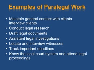 Examples of Paralegal Work
• Maintain general contact with clients
  interview clients
• Conduct legal research
• Draft legal documents
• Assistant legal investigations
• Locate and interview witnesses
• Track important deadlines
• Know the local court system and attend legal
  proceedings
 