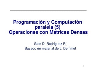 Programación y Computación
          paralela (5)
Operaciones con Matrices Densas

           Glen D. Rodríguez R.
      Basado en material de J. Demmel




                                        1
 