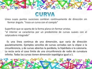 Línea cuyos puntos sucesivos cambian continuamente de dirección sin
formar ángulo. "traza un curva con el compás“
Superficie que se aparta de la forma plana sin formar aristas.
"el interior se caracteriza por un predominio de curvas suaves con el
salpicadero integrado“
Es una línea continua de una dimensión, que varía de dirección
paulatinamente. Ejemplos sencillos de curvas cerradas son la elipse o la
circunferencia, y de curvas abiertas la parábola, la hipérbola o la catenaria.
La recta sería el caso límite de una circunferencia de radio de curvatura
infinito. Todas las curvas tienen dimensión topológica igual a 1.
 