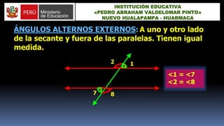 ÁNGULOS ALTERNOS EXTERNOS: A uno y otro lado
de la secante y fuera de las paralelas. Tienen igual
medida.
12
7 8
<1 = <7
<2 = <8
INSTITUCIÓN EDUCATIVA
«PEDRO ABRAHAM VALDELOMAR PINTO»
NUEVO HUALAPAMPA - HUARMACA
 