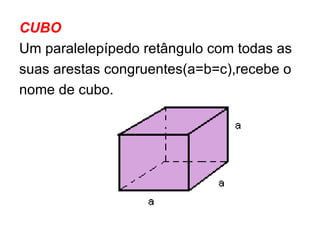 CUBO Um paralelepípedo retângulo com todas as suas arestas congruentes(a=b=c),recebe o  nome de cubo. 