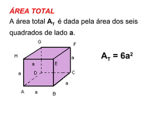 ÁREA TOTAL A área total  A T  é dada pela área dos seis  quadrados de lado  a . A T  = 6a 2 