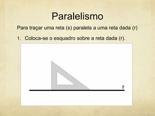 Paralelismo
Para traçar uma reta (s) paralela a uma reta dada (r)

1. Coloca-se o esquadro sobre a reta dada (r).
 
