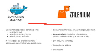 SCONTAINERS
SELENIUM
• Containers separados para hub e nós
• selenium-hub
• selenium-node-chrome
• selenium-node-firefox
• Necessidade de criar containers
adicionais para melhora do paralelismo
• Containers através da imagem elgalu/selenium
• Auto-escala de containers baseado na
quantidade de testes que será recebido
• Live Preview com VNC
• Gravação de Vídeos
• Dashboard
 