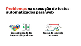 Problemas na execução de testes
automatizados para web
Tempo de execução
dos testes
Compatibilidade dos
browsers/dispositivos
 