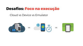 Desafios: Foco na execução
vs vs
Cloud vs Device vs Emulator
 