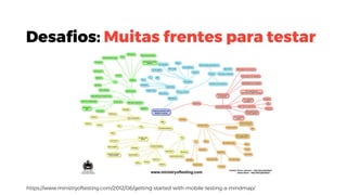 Desafios: Muitas frentes para testar
https://www.ministryoftesting.com/2012/06/getting-started-with-mobile-testing-a-mindmap/
 