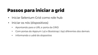 Passos para iniciar a grid
• Iniciar Selenium Grid como role hub
• Iniciar os nós (dispositivos)
• Apontando para a URL e porta da GRID
• Com portas do Appium (-p) e Bootstrap (-bp) diferentes dos demais
• Informando o udid do dispositivo
 
