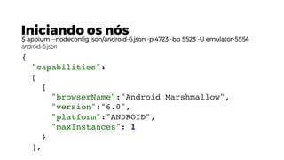 Iniciando os nós
$ appium --nodeconfig json/android-6.json -p 4723 -bp 5523 -U emulator-5554
android-6.json
{
"capabilities":
[
{
"browserName":"Android Marshmallow",
"version":"6.0",
"platform":"ANDROID",
"maxInstances": 1
}
],
 