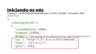 Iniciando os nós
$ appium --nodeconfig json/android-6.json -p 4723 -bp 5523 -U emulator-5554
android-6.json
{
"configuration":
{
"cleanUpCycle":2000,
"timeout":20000,
"proxy": "org.openqa.grid.selenium.proxy.DefaultRemoteProxy",
"url": "http://127.0.0.1:4723/wd/hub",
"host": "127.0.0.1",
"port": 4723,
 