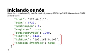 Iniciando os nós
$ appium --nodeconfig json/android-6.json -p 4723 -bp 5523 -U emulator-5554
android-6.json
"host": "127.0.0.1",
"port": 4723,
"maxSession": 1,
"register": true,
"registerCycle": 1000,
"hubPort": 4444,
"hubHost": "192.168.0.102",
"session-override": true
}
}
 