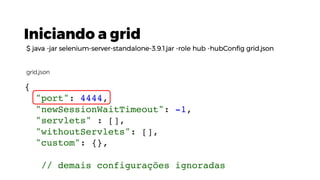 Iniciando a grid
$ java -jar selenium-server-standalone-3.9.1.jar -role hub -hubConfig grid.json
{
"port": 4444,
"newSessionWaitTimeout": -1,
"servlets" : [],
"withoutServlets": [],
"custom": {},
// demais configurações ignoradas
grid.json
 