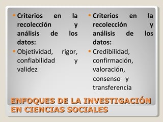 ENFOQUES DE LA INVESTIGACIÓN EN CIENCIAS SOCIALES Criterios en la recolección y análisis de los datos: Objetividad, rigor, confiabilidad y validez Criterios en la recolección y análisis de los datos: Credibilidad,  confirmación, valoración,  consenso  y transferencia 