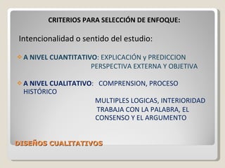 DISEÑOS CUALITATIVOS CRITERIOS PARA SELECCIÓN DE ENFOQUE: Intencionalidad o sentido del estudio:  A NIVEL CUANTITATIVO : EXPLICACIÓN y PREDICCION   PERSPECTIVA EXTERNA Y OBJETIVA A NIVEL CUALITATIVO :  COMPRENSION, PROCESO HISTÓRICO   MULTIPLES LOGICAS, INTERIORIDAD     TRABAJA CON LA PALABRA, EL    CONSENSO Y EL ARGUMENTO 