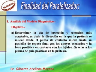 1. Análisis del Modelo Diagnóstico.-
   Objetivo.-
   a) Determinar la vía de inserción y remoción más
      aceptable, es decir la dirección en la que la prótesis se
      mueve desde el punto de contacto inicial hasta su
      posición de reposo final con los apoyos asentados y la
      base protética en contacto con los tejidos. Gracias a los
      planos de guía positivos en la prótesis.




  Dr. Gilberto Arellano Moreno
 