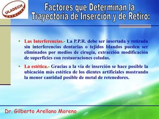 • Las Interferencias.- La P.P.R. debe ser insertada y retirada
       sin interferencias dentarias o tejidos blandos pueden ser
       eliminados por medios de cirugía, extracción modificación
       de superficies con restauraciones coladas.
     • La estética.- Gracias a la vía de inserción se hace posible la
       ubicación más estética de los dientes artificiales mostrando
       la menor cantidad posible de metal de retenedores.




Dr. Gilberto Arellano Moreno
 