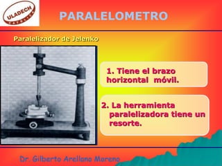 PARALELOMETRO
Paralelizador de Jelenko




                            1. Tiene el brazo
                            horizontal móvil.


                           2. La herramienta
                             paralelizadora tiene un
                             resorte.



 Dr. Gilberto Arellano Moreno
 
