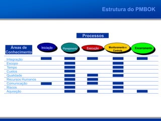 Estrutura do PMBOK



                                              Processos

  Áreas de         Iniciação   Planejamento    Execução     Monitoramento e   Encerramento
                                                               Controle
Conhecimento
Integração
Escopo
Tempo
Custos
Qualidade
Recursos Humanos
Comunicação
Riscos
Aquisição
 