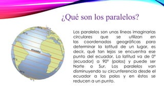 ¿Qué son los paralelos?
Los paralelos son unas líneas imaginarias
circulares que se utilizan en
las coordenadas geográficas para
determinar la latitud de un lugar, es
decir, qué tan lejos se encuentra ese
punto del ecuador. La latitud va de 0°
(ecuador) a 90° (polos) y puede ser
Norte o Sur. Los paralelos van
disminuyendo su circunferencia desde el
ecuador a los polos y en éstos se
reducen a un punto.
 