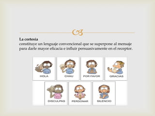 La cortesía
constituye un lenguaje convencional que se superpone al mensaje
para darle mayor eficacia e influir persuasivamente en el receptor.
 
