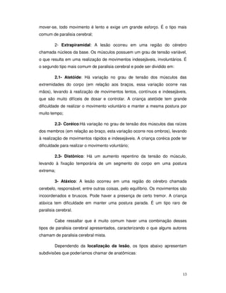 13
mover-se, todo movimento é lento e exige um grande esforço. É o tipo mais
comum de paralisia cerebral;
2- Extrapiramidal: A lesão ocorreu em uma região do cérebro
chamada núcleos da base. Os músculos possuem um grau de tensão variável,
o que resulta em uma realização de movimentos indesejáveis, involuntários. É
o segundo tipo mais comum de paralisia cerebral e pode ser dividido em:
2.1- Atetóide: Há variação no grau de tensão dos músculos das
extremidades do corpo (em relação aos braços, essa variação ocorre nas
mãos), levando à realização de movimentos lentos, contínuos e indesejáveis,
que são muito difíceis de dosar e controlar. A criança atetóide tem grande
dificuldade de realizar o movimento voluntário e manter a mesma postura por
muito tempo;
2.2- Coréico:Há variação no grau de tensão dos músculos das raízes
dos membros (em relação ao braço, esta variação ocorre nos ombros), levando
à realização de movimentos rápidos e indesejáveis. A criança coréica pode ter
dificuldade para realizar o movimento voluntário;
2.3- Distônico: Há um aumento repentino da tensão do músculo,
levando à fixação temporária de um segmento do corpo em uma postura
extrema;
3- Atáxico: A lesão ocorreu em uma região do cérebro chamada
cerebelo, responsável, entre outras coisas, pelo equilíbrio. Os movimentos são
incoordenados e bruscos. Pode haver a presença de certo tremor. A criança
atáxica tem dificuldade em manter uma postura parada. É um tipo raro de
paralisia cerebral.
Cabe ressaltar que é muito comum haver uma combinação desses
tipos de paralisia cerebral apresentados, caracterizando o que alguns autores
chamam de paralisia cerebral mista.
Dependendo da localização da lesão, os tipos abaixo apresentam
subdivisões que poderíamos chamar de anatômicas:
 