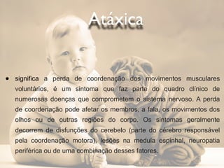 Atáxica


•   significa a perda de coordenação dos movimentos musculares
    voluntários, é um sintoma que faz parte do quadro clínico de
    numerosas doenças que comprometem o sistema nervoso. A perda
    de coordenação pode afetar os membros, a fala, os movimentos dos
    olhos ou de outras regiões do corpo. Os sintomas geralmente
    decorrem de disfunções do cerebelo (parte do cérebro responsável
    pela coordenação motora), lesões na medula espinhal, neuropatia
    periférica ou de uma combinação desses fatores.
 