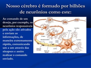 Nosso cérebro é formado por bilhões
       de neurônios como este:
Ao comando de um
desejo, por exemplo, os
neurônios responsáveis
pela ação são ativados
e enviam as
informações, de
maneira extremamente
rápida, comunicando
um a um através das
sinapses e assim
realizar o comando
enviado.
 