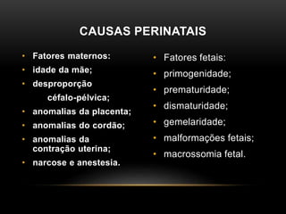 CAUSAS PERINATAIS
• Fatores maternos:
• idade da mãe;
• desproporção
céfalo-pélvica;
• anomalias da placenta;
• anomalias do cordão;
• anomalias da
contração uterina;
• narcose e anestesia.
• Fatores fetais:
• primogenidade;
• prematuridade;
• dismaturidade;
• gemelaridade;
• malformações fetais;
• macrossomia fetal.
 