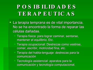 POSIBILIDADES TERAPEUTICAS La terapia temprana es de vital importancia. No se ha encontrado la forma de reparar las células dañadas. Terapia física: para lograr caminar, sentarse, mantener el equilibrio, Etc. Terapia ocupacional: Destrezas como vestirse, comer, escribir, motricidad fina, etc. Terapia del habla-lenguaje: destrezas para la comunicación Tecnología asistencial: aparatos para la comunicación y tecnología computacional. 
