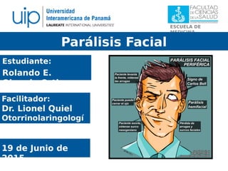 ESCUELA DE
MEDICINA
Parálisis Facial
Estudiante:
Rolando E.
Obando Ortiz
Facilitador:
Dr. Lionel Quiel
Otorrinolaringologí
a
19 de Junio de
2015
 