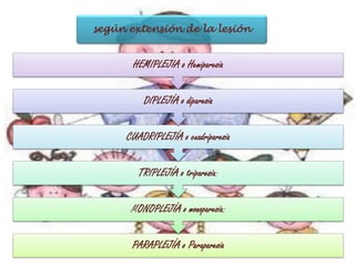 según extensión de la lesión
PARAPLEJÍA o Paraparesia
MONOPLEJÍA o monoparesia:
TRIPLEJÍA o triparesia:
CUADRIPLEJÍA o cuadriparesia
DIPLEJÍA o diparesia
HEMIPLEJIA o Hemiparesia
 