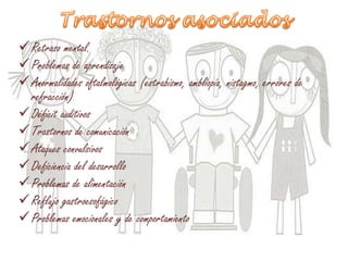 Retraso mental.
Problemas de aprendizaje
Anormalidades oftalmológicas (estrabismo, ambliopía, nistagmo, errores de
refracción)
Déficit auditivos
Trastornos de comunicación
Ataques convulsivos
Deficiencia del desarrollo
Problemas de alimentación
Reflujo gastroesofágico
Problemas emocionales y de comportamiento
 